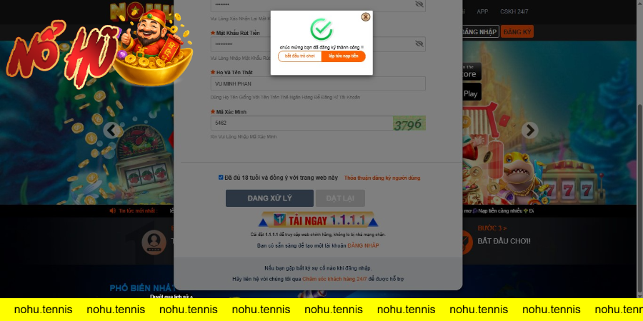 Giao diện xác nhận đăng ký tài khoản thành công